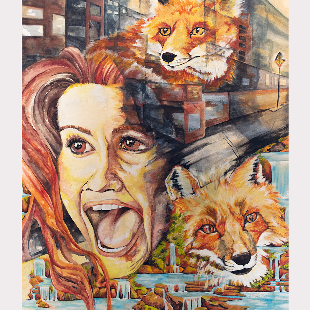 Original acrylic painting "Betwix Realms" showing a female portrait combined with foxes and layered urban and natural scenery
