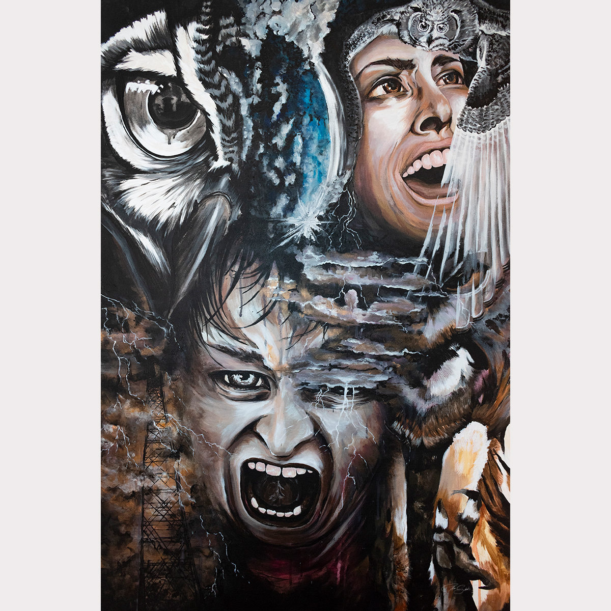 Original acrylic painting "Carmen Ferale" featuring intense emotional faces combined with animal elements in dark composition