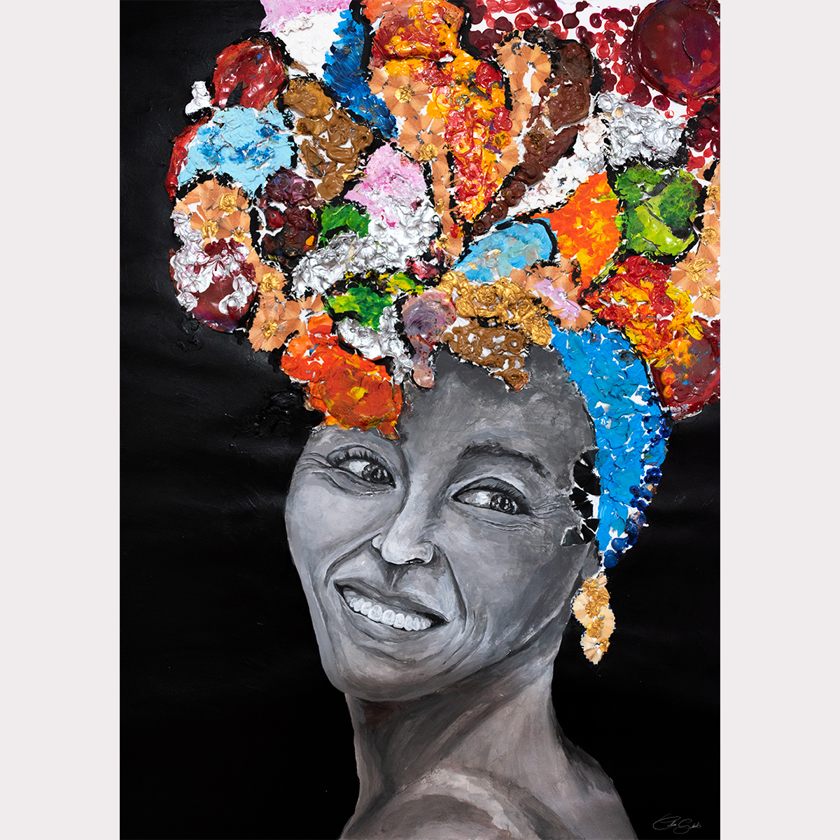 Original mixed media portrait painting featuring a smiling woman with textured colorful elements forming an abstract headpiece