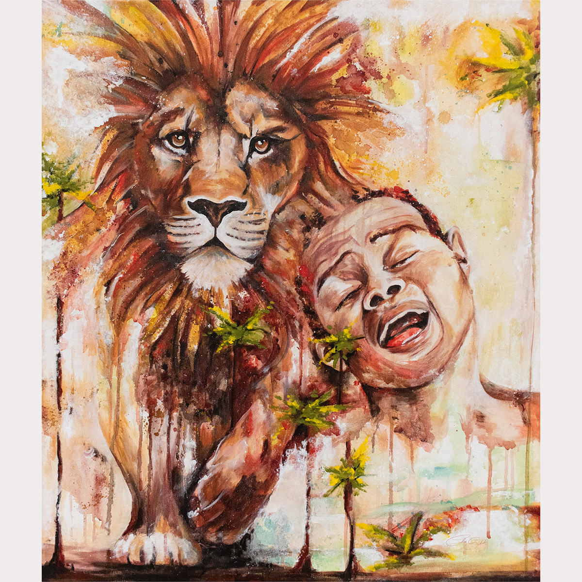 Original acrylic painting "Cry" depicting a lion and human figure with strong emotional expression and raw textured elements