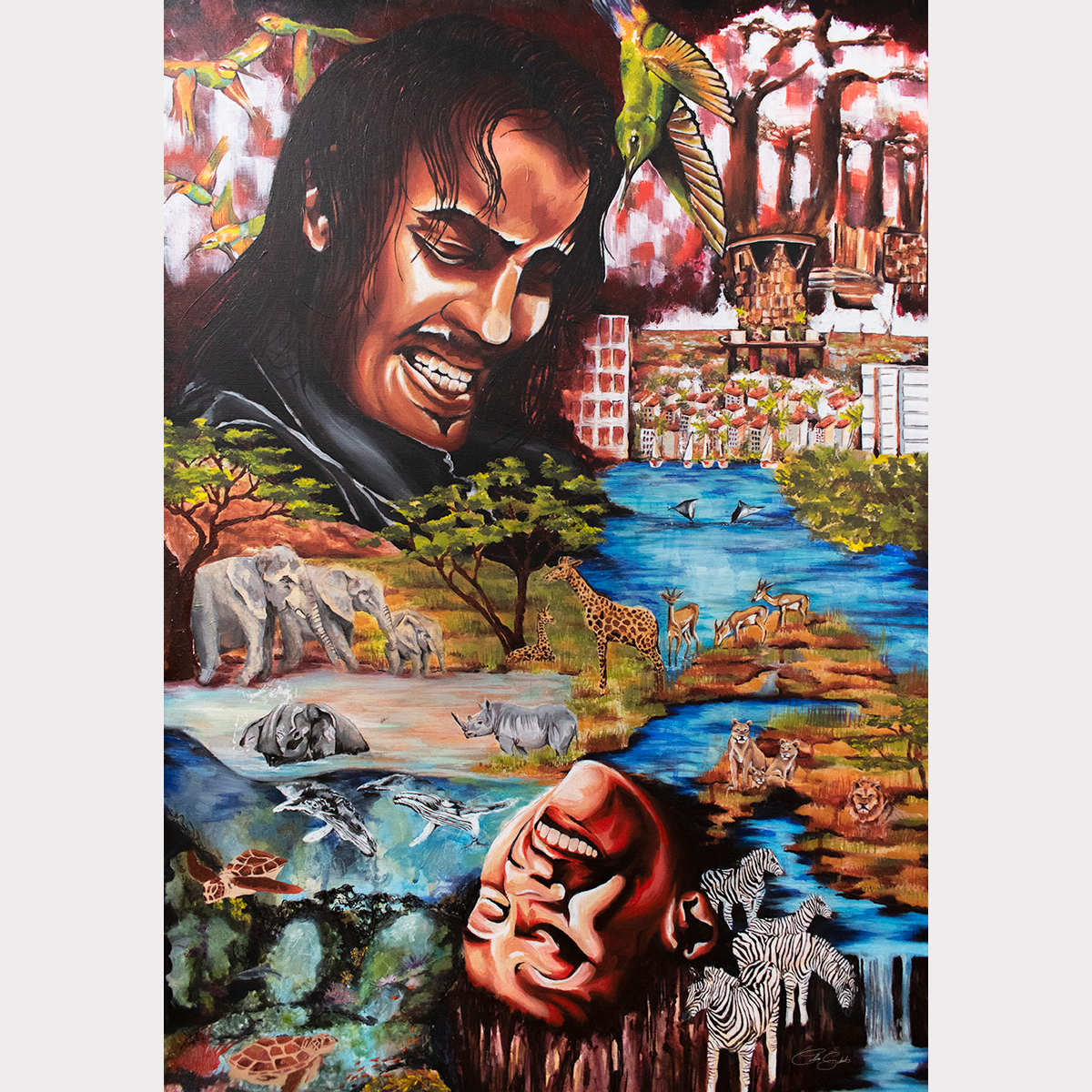 Original acrylic painting "Soul’s Dance" with expressive human figures, animals and vibrant symbolic landscape