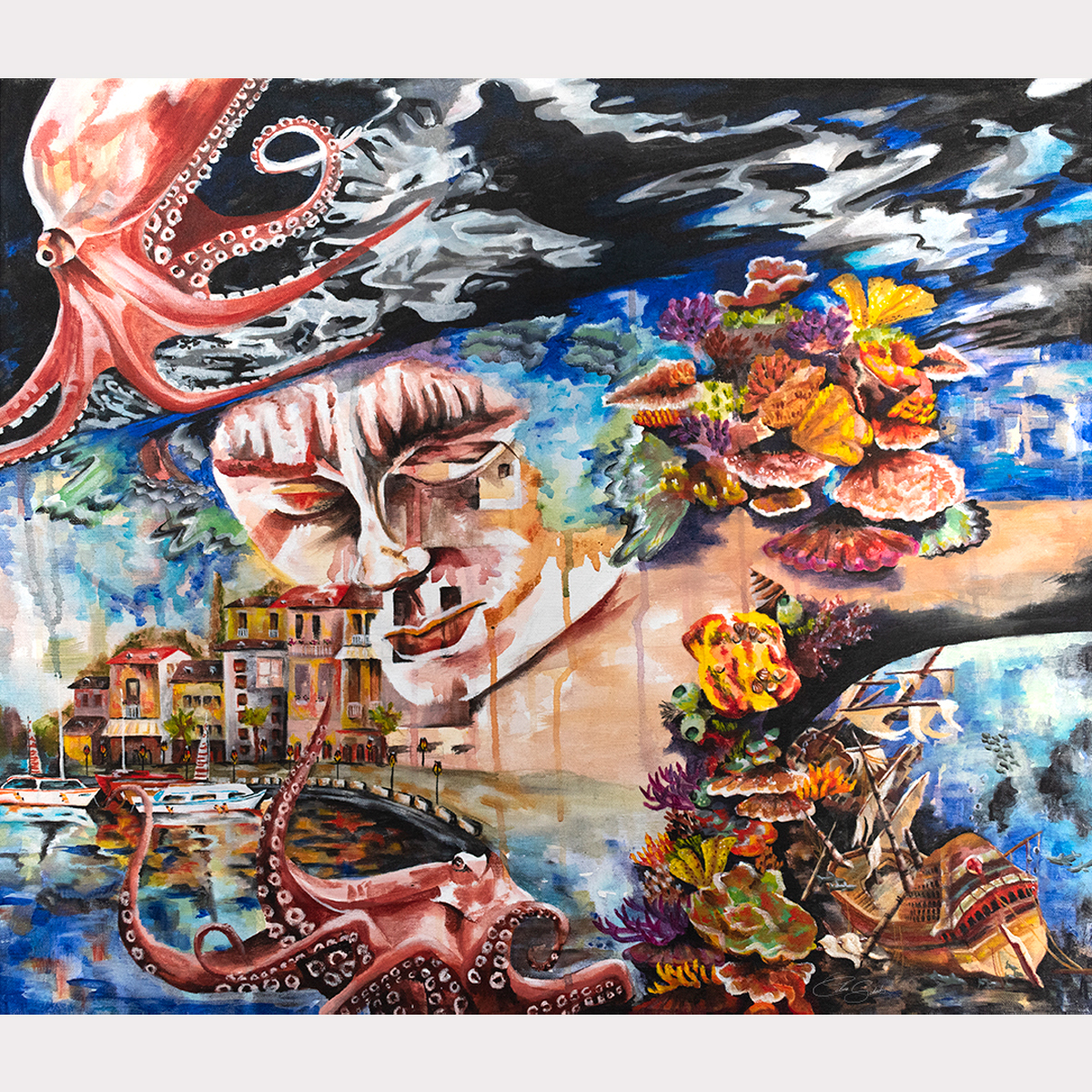 Original acrylic painting "Vita" showing a surreal composition with human face, octopus and detailed coastal scenery