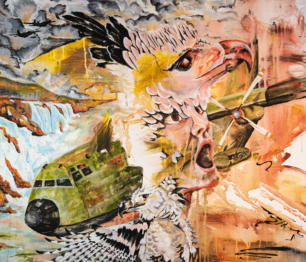 Original acrylic painting "Harpyie" featuring a surreal composition with birds, human expression and fragmented narrative elements