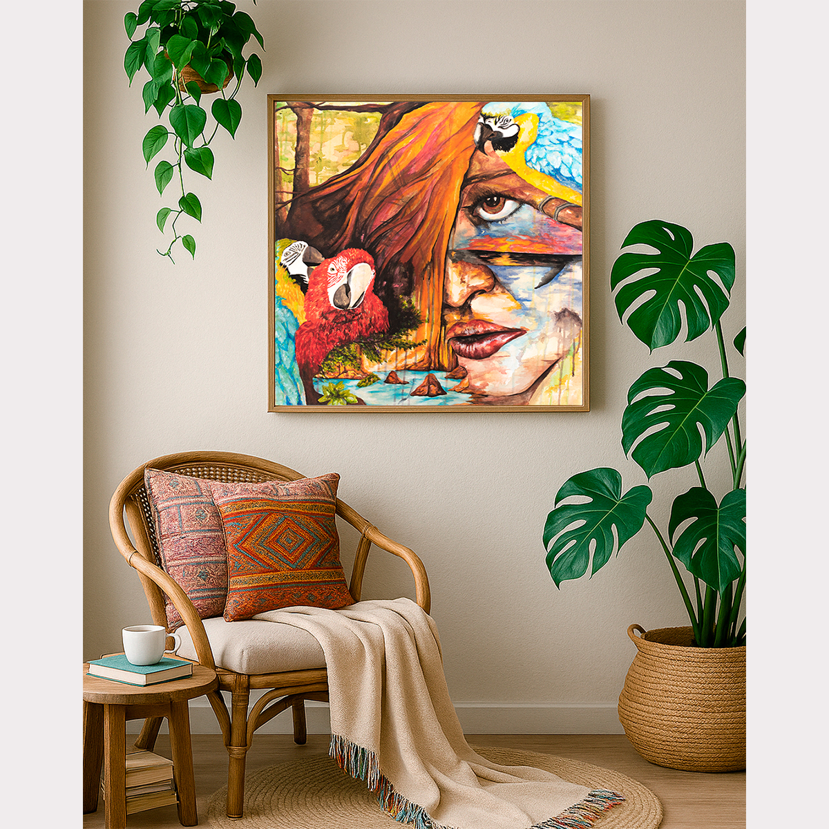 Original acrylic painting displayed in a warm interior with plants and wooden chair