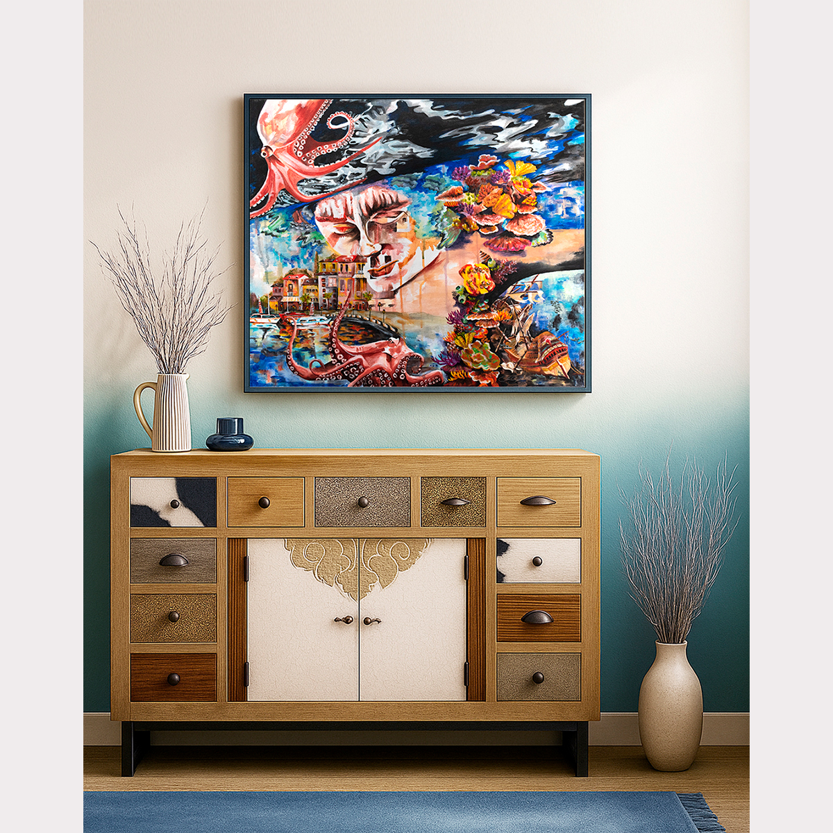 original art for sale colorful surreal painting with octopus and coastal scene displayed in a modern interior space
